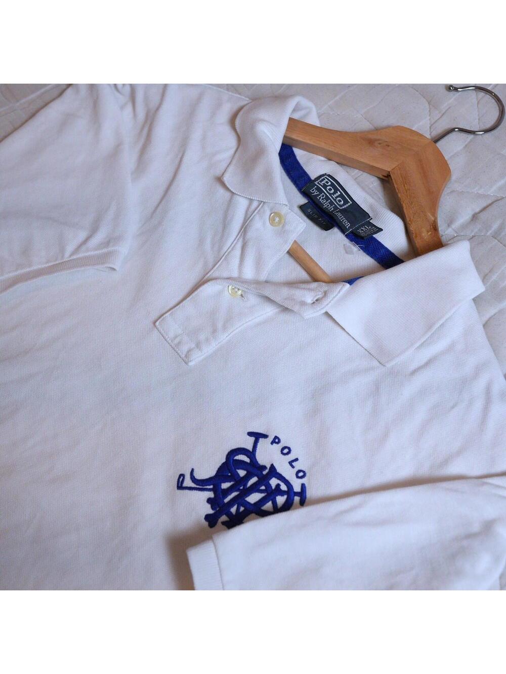 Polo Ralph Lauren White Polo Shirt Mens XXL Blue Big Logo Classic Rare Preppy